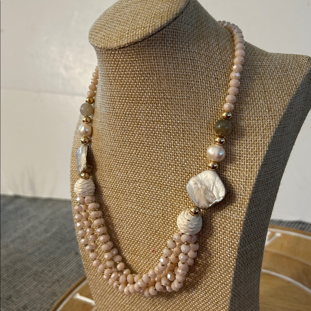 Periwinkle Faceted Blush Multi Strand Beads, Rattan Abalone Necklace
